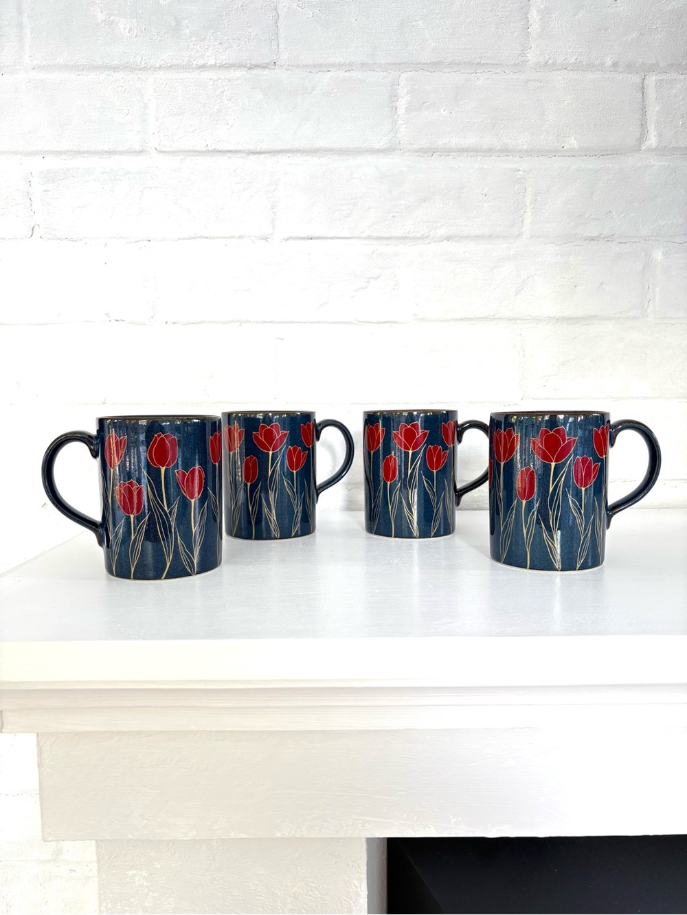 Otagiri Navy Blue Red Tulip Coffee Mugs Set of 4 Vintage Stoneware Cups Japan
